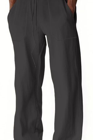 Men's Casual Cotton Linen Pants Elastic Waist Drawstring Summer Beach Lightweight Loose Yoga Linen Trousers Pockets