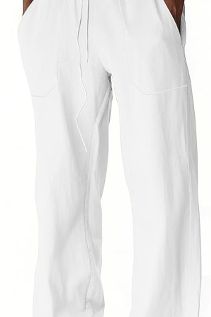 Men's Casual Linen Pants Summer Beach Trousers Loose Fit Straight-Legs Elastic Drawstring Waist Yoga Trousers