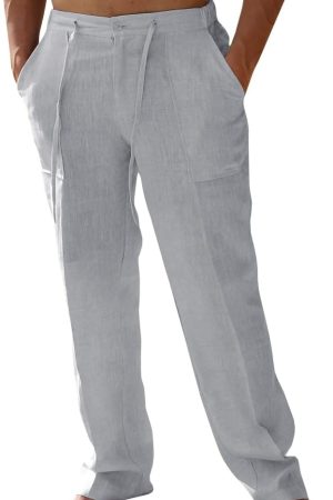 Mens Casual Linen Pants Loose Fit Elastic Drawstring Waist Straight-Legs Summer Yoga Beach Long Pants