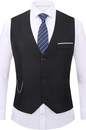 Men's Dress Vest Suit Waistcoat Formal Business Slim Fit V-neck Sleeveless Tuxedo Jacket with Chain