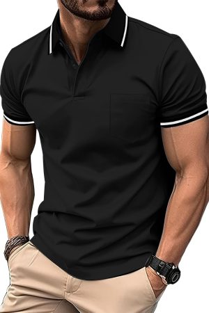 Mens Polo Shirts Casual Short Sleeve Athletic T-Shirts Classic Contrast Collar Shirt with Pocket
