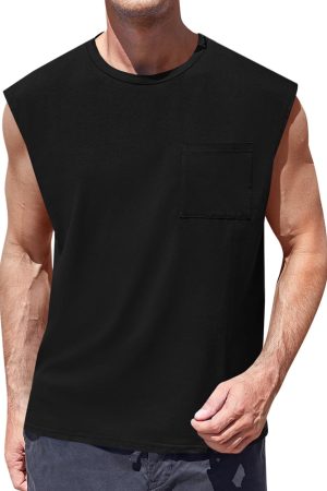 Mens Sleeveless Tank Tops Workout Cut Off Shirts Muscle Gym T Shirts with Pocket