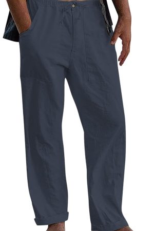 Men’s Cotton Linen Pants Drawstring Loose Beach Pants with Pockets