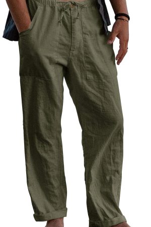 Mens Linen Pants Elastic Waist Drawstring Loose Fit Casual Summer Beach Pants with Pockets Baggy Trousers