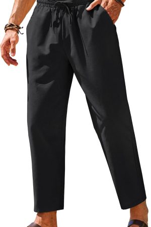 Mens Linen Casual Pants Elastic Waist Drawstring Trousers Yoga Beach Summer Pants
