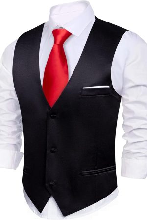 Vest for Men Business/Leisure Dress Suit Vests V-neck 2 Pockets Wedding Party Tuxedo Satin Waistcoat Black L