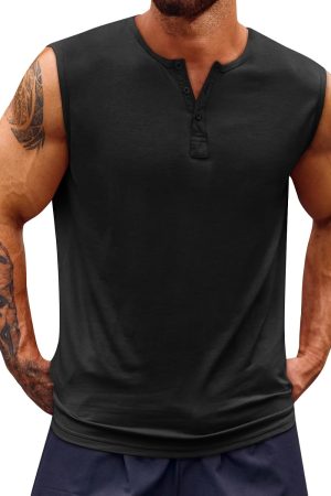Mens Muscle Tank Tops Sleeveless Workout Gym Slim Fit Henley Shirt Casual Basic Summer Beach Tops