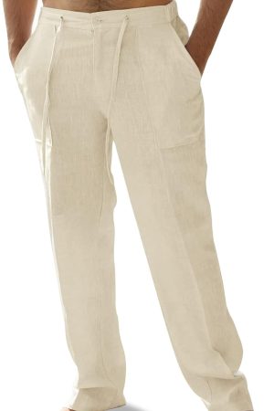 Mens Linen Pants Elastic Waist Summer Pants Relaxed Fit Lightweight Yoga Beach Casual Pants with Pockets