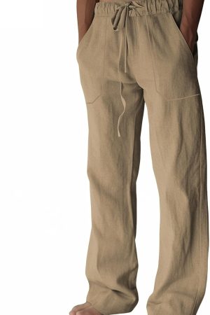 Men's Linen Pants Summer Cotton Beach Trousers Casual Lightweight Elastic Drawstring Waist Yoga Pants