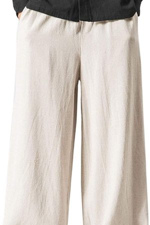 Mens Linen Pants Casual Wide Leg Baggy Pants Summer Cotton Elastic Waist Yoga Beach Palazzo Trousers