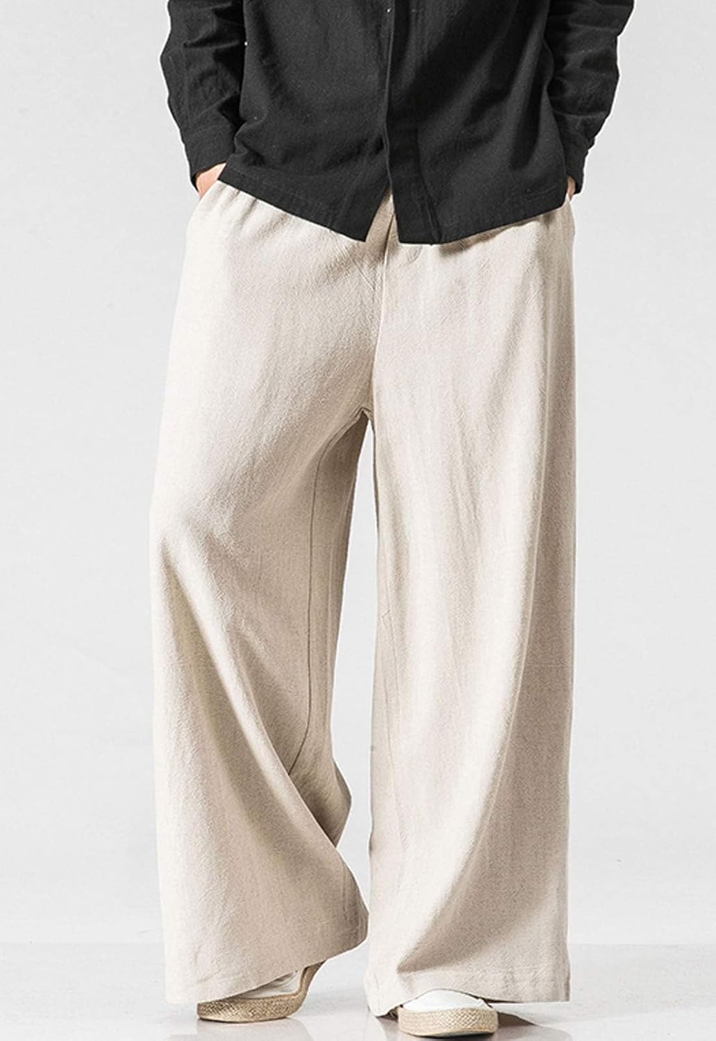 Mens Linen Pants Casual Wide Leg Baggy Pants Summer Cotton Elastic Waist Yoga Beach Palazzo Trousers - Image 2