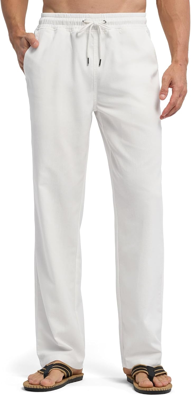 Men's Linen Pants Casual Beach Summer Pants Drawstring Lightweight Yoga Linen Trousers 28" 30"