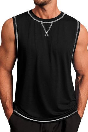Mens Workout Tank Tops Sleeveless Casual Crewneck Beach T Shirt Muscle Athletic Gym Running Tee