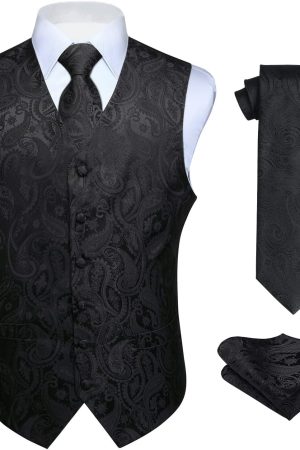 Mens Vest Tie Set 3PC Formal Waistcoat Paisley Floral Jacquard Necktie Pocket Square Suit Vests Wedding Party
