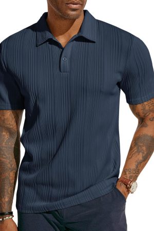 Mens Textured Knit Polo Shirts Regular Fit Stretchy Golf Shirts