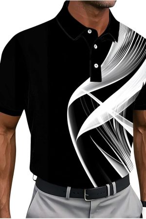 Men's Polo Shirts Short Sleeve Button Collar Geometry Printed Golf Tshirts Big and Tall Business Casual Fashion Tops