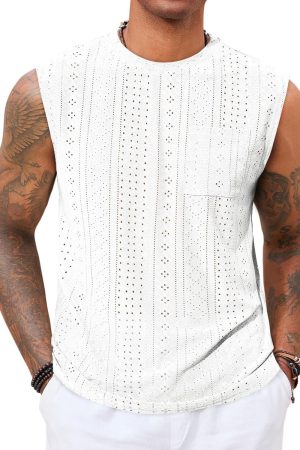 Mens Sleeveless Tank Tops Casual Hollow Out Knit T Shirts Beach Summer Hippie Tops with Pocket