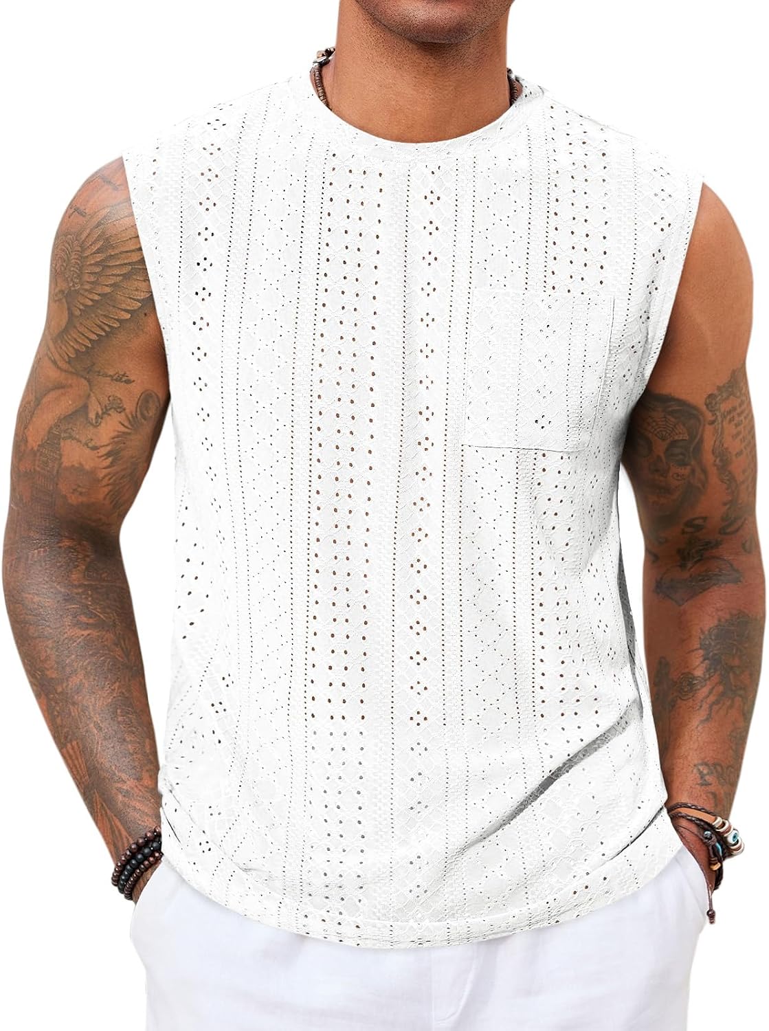 Mens Sleeveless Tank Tops Casual Hollow Out Knit T Shirts Beach Summer Hippie Tops with Pocket