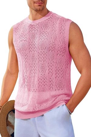 Mens Sleeveless Crewneck Tank Top Casual Mesh Hollow Out Cotton Knit Summer Beach T Shirt