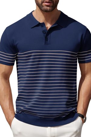 Men's Knit Polo Shirts Short Sleeve Striped Golf Polo Shirts Lightweight Casual Collared T Shirt
