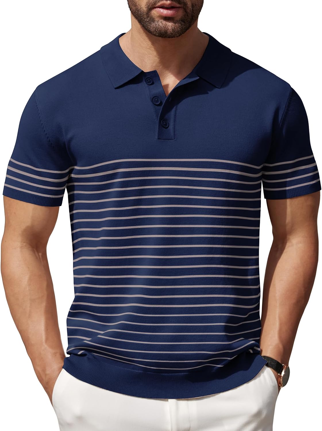 Men's Knit Polo Shirts Short Sleeve Striped Golf Polo Shirts Lightweight Casual Collared T Shirt