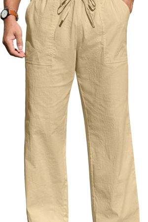 Men's Casual Linen Pants Beach Summer Elastic Waist Drawstring Pants Lightweight Linen Trousers