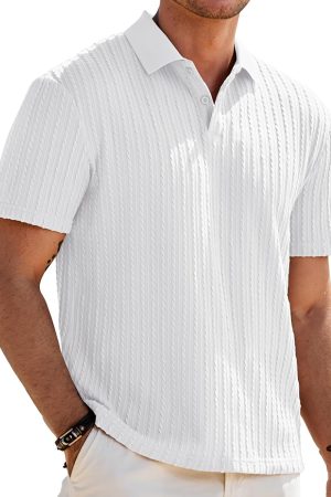Mens Casual Polo Shirt Summer Short Sleeve Vacation Button Beach Knit Stretchy Golf Shirts