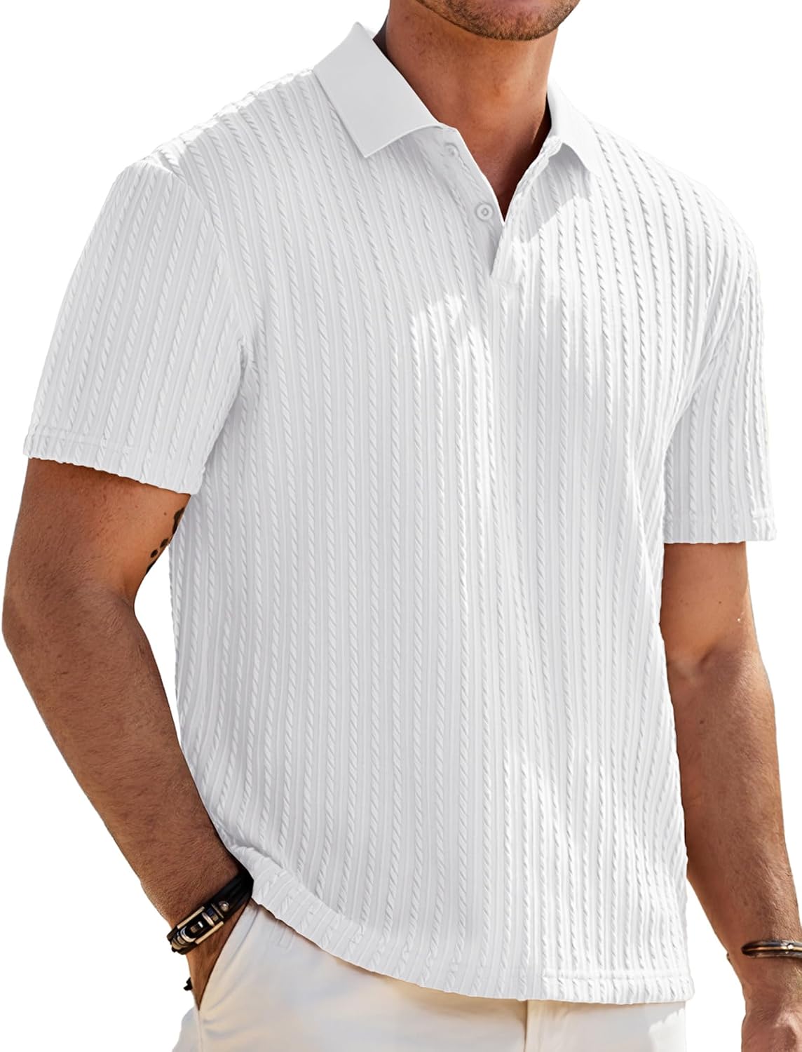 Mens Casual Polo Shirt Summer Short Sleeve Vacation Button Beach Knit Stretchy Golf Shirts