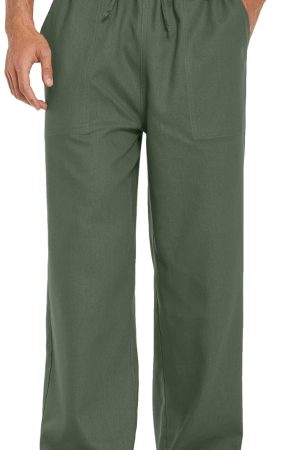 Mens Casual Linen Pants Elastic Waist Linen Pants Drawstring Summer Beach Yoga Linen Trouser