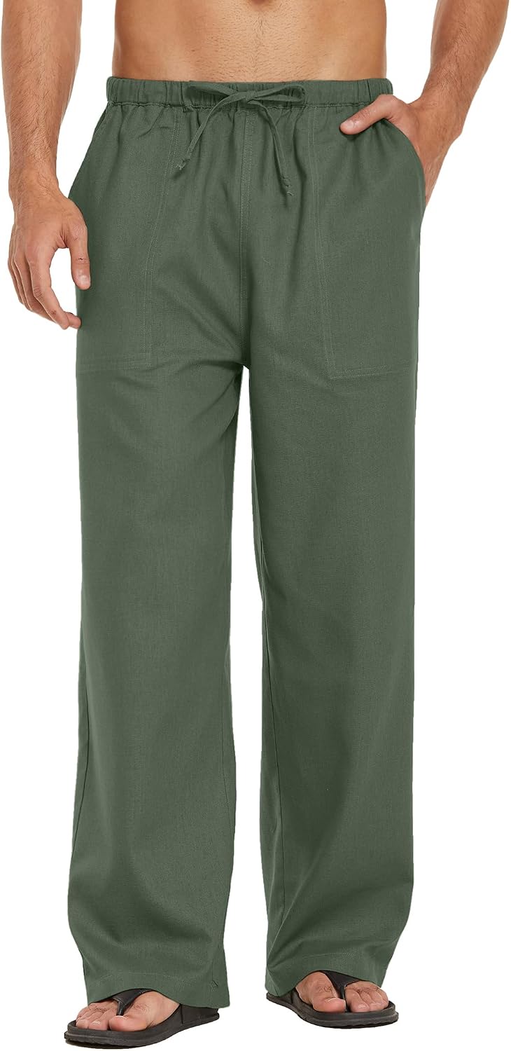 Mens Casual Linen Pants Elastic Waist Linen Pants Drawstring Summer Beach Yoga Linen Trouser
