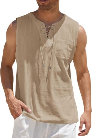 Men's Cotton Linen Tank Top Shirts Casual Sleeveless Lace Up Beach Hippie Tops Bohemian Renaissance Pirate Tunic