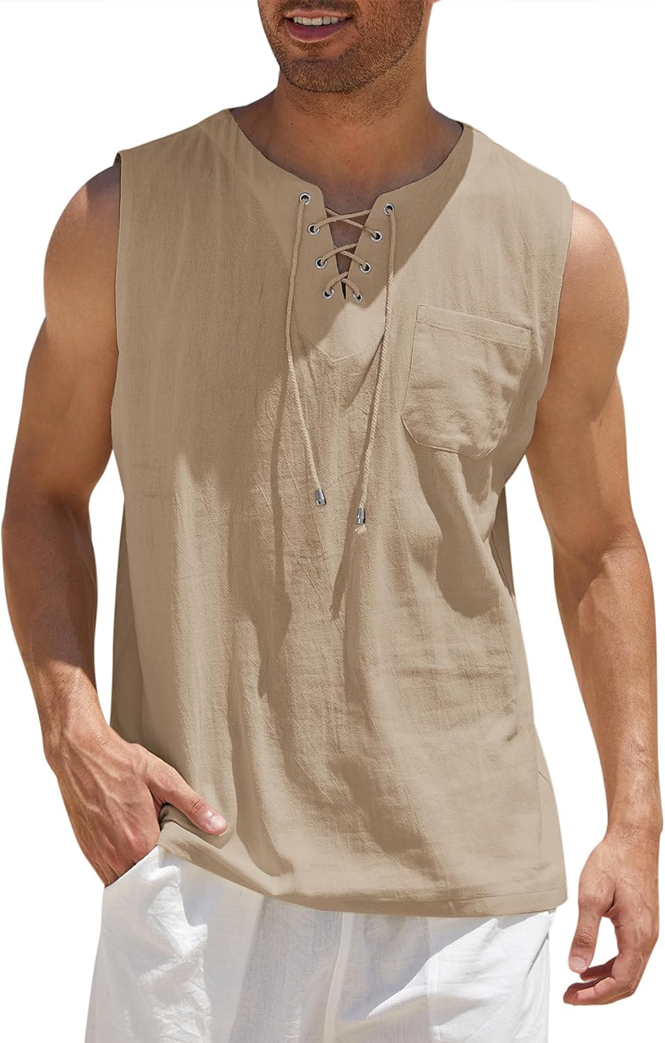 Men's Cotton Linen Tank Top Shirts Casual Sleeveless Lace Up Beach Hippie Tops Bohemian Renaissance Pirate Tunic