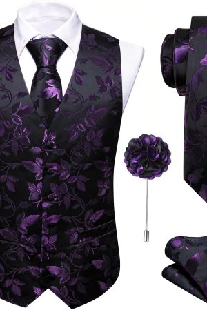 Men's Suit Vest Tie Bowtie Set Formal Silk Paisley Waistcoat Hanky Cufflinks Lapel Pin Set Wedding Party 7PCS
