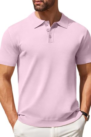 Mens Knit Polo Shirts Casual Short Sleeve Button Down Polo Shirt Classic Golf Shirts