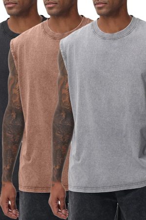 Mens Workout Tank Tops Sleeveless Tee Shirts Men Muscle Shirt Gym Acid Wash T Shirts Running Beach Loose Fit Tee