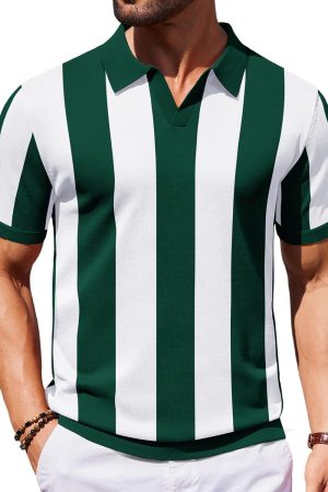 Mens Knit Polo Shirts V Neck Short Sleeve Stretch Polo T Shirt Casual Golf Shirts