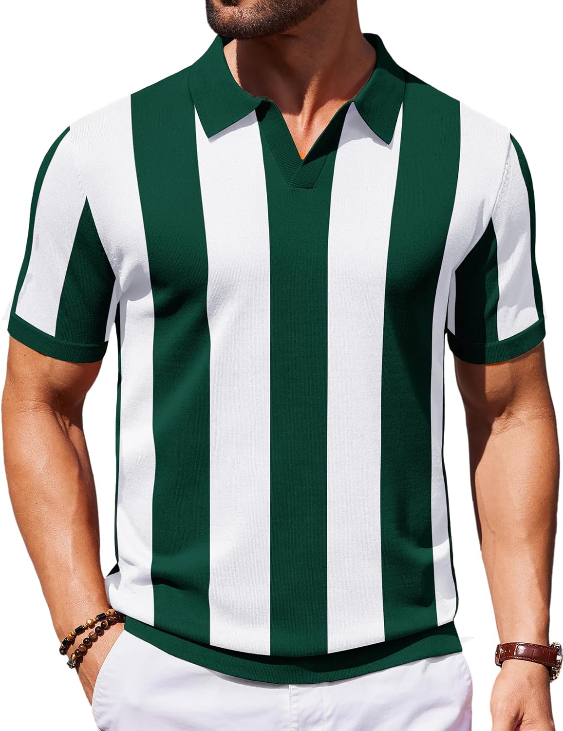 Mens Knit Polo Shirts V Neck Short Sleeve Stretch Polo T Shirt Casual Golf Shirts