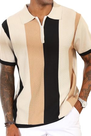 Men's Fashion Polo Shirts Vintage Striped Knitting Shirts Casual Slim Fit Golf Shirts