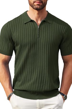 Men's Zipper Polo Shirts Short Sleeve Ribbed Knit Polo T Shirts Fashion Casual Golf Shirts