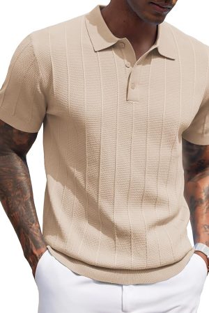 Mens Knit Polo Shirts Short Sleeve Ribbed Textured Polo Shirt Lightweight Casual Golf Shirts Collared T Shirt