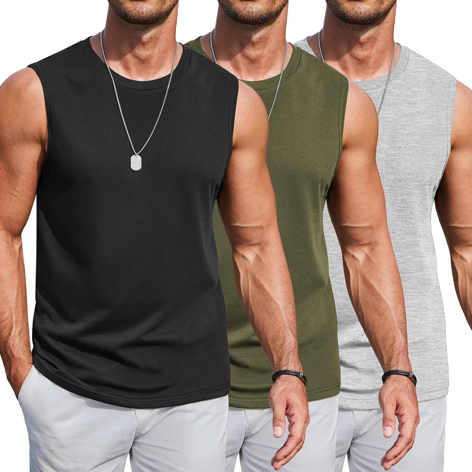 Mens Workout Tank Tops Cotton 3 Pack Soft Gym Muscle Shirt Sleeveless Classic T Shirts
