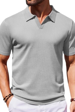 Mens Knit Polo Shirts V Neck Short Sleeve Stretch Polo T Shirt Casual Golf Shirts