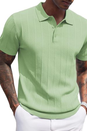 Mens Knit Polo Shirts Short Sleeve Ribbed Textured Polo Shirt Lightweight Casual Golf Shirts Collared T Shirt