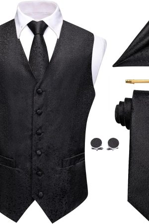 Mens Victorian Vest Tie Set Silk Paisley Suit Vests Formal Waistcoat Gothic Steampunk Vest with Notched Lapels