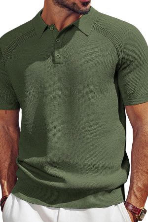 Men's Polo Shirt Short Sleeve Textured Knit Button Shirts Raglan Sleeve Casual Golf Shirt