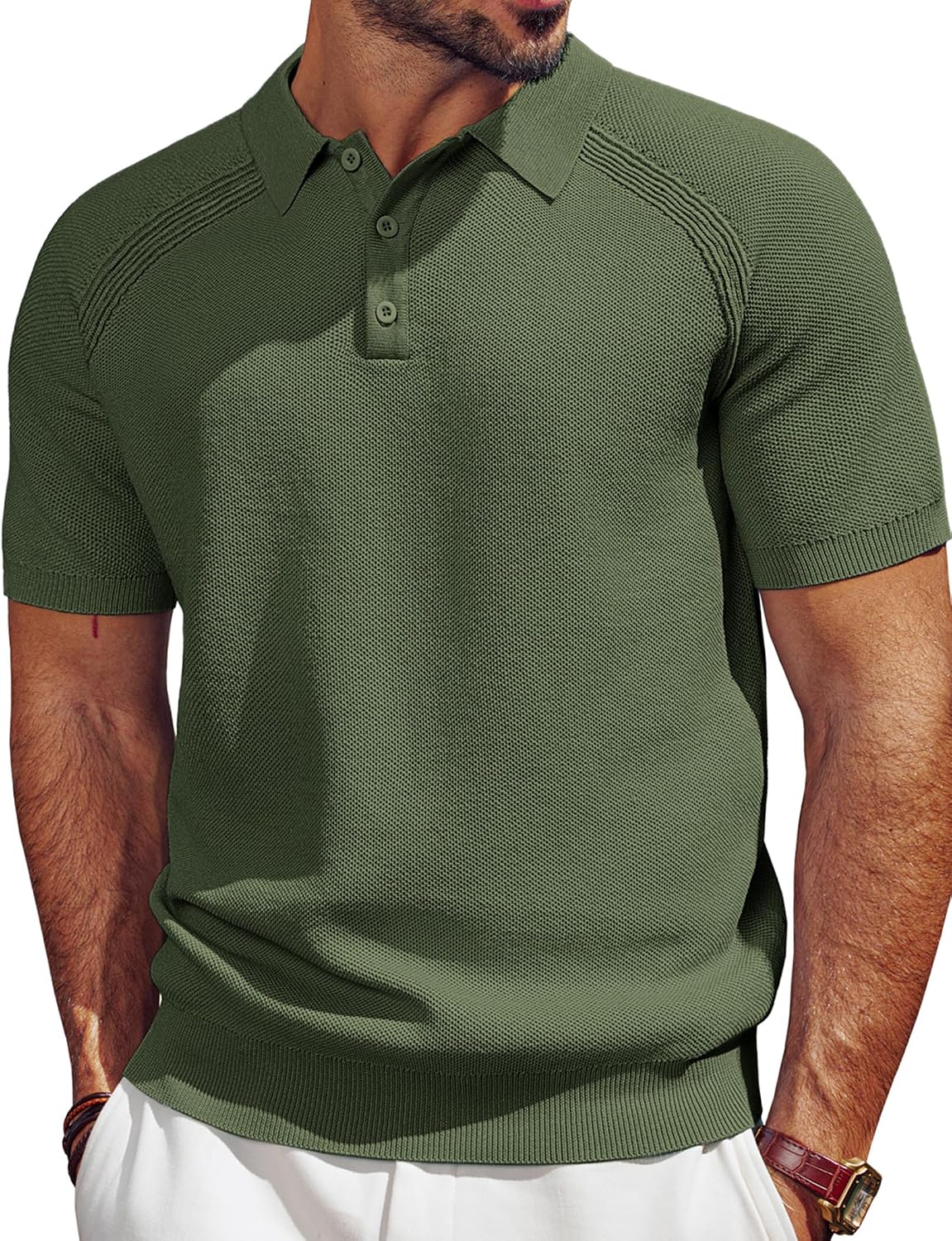 Men's Polo Shirt Short Sleeve Textured Knit Button Shirts Raglan Sleeve Casual Golf Shirt