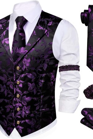 Mens Silk Lapel/Shawl Collar Vest Tie Sleeve Holder Set Formal/Casual Paisley Vests Wedding Tuxedo Waistcoat