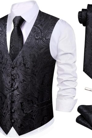 Mens Paisley V-neck Suit Vest Formal/Leisure Silk Jacquard Waistcoat Tie Set 5PCS