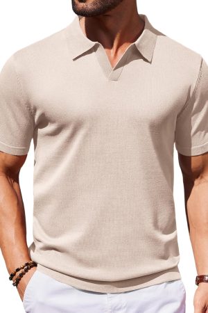 Mens Knit Polo Shirts V Neck Short Sleeve Stretch Polo T Shirt Casual Golf Shirts