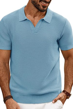 Mens Polo Shirts Short Sleeve Casual V Neck Ribbed Textured Knit Polo Shirt